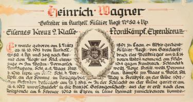 1920 I. világháborús katona emléklapja, vaskereszt kitüntetéssel kitüntetve. Kisebb felületi sérülés...