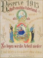 1913 Katonai szolgálati emlék. Nagy méretű hímzést és litografált képeket felvonultató keretezett ké...