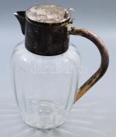 Nagyméretű fújt bordás üveg kancsó, ezüstözött szerelékkel, csőre javított, m: 29 cm