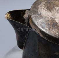 Nagyméretű fújt bordás üveg kancsó, ezüstözött szerelékkel, csőre javított, m: 29 cm