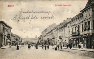 1908 Zombor, Sombor; Kossuth Lajos utca, drogéria, gyógyszertár, Dömötör Aurél üzlete. Kaufmann Emil kiadása / street view, pharmacy, shops + "ESZÉK - SZEGED 162. SZ." vasúti mozgóposta bélyegző (fl)