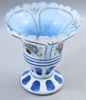 Cseh zománcfestett kétrétegű üvegváza, jelzés nélkül, kis pattogzással, d: 20 cm, m: 21,5 cm