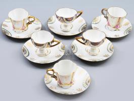 6 darab szecessziós mokkás csésze alj, hozzá kétfajta csészével, vékonyporcelán, jelzés nélkül, kis kopással, d: 9,5 cm