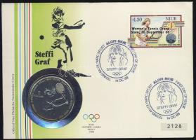 Niue 1987. 5$ "Steffi Graf" érmés borítékon elsőnapi bélyegzős bélyeggel, hátoldali ismertetővel T:BU