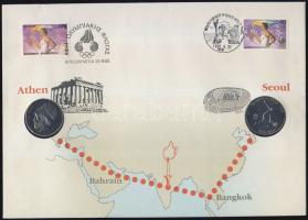 Görögország 1986. 20Dr + Dél-Korea 1987. 1000W "Olimpia" érmés borítékon, görög és koreai bélyegekkel és elsőnapi bélyegzőkkel T:1