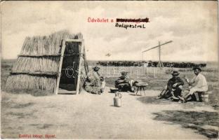 Hortobágy, csikósok étkezése, magyar folklór. Erdélyi felvétele (fl)