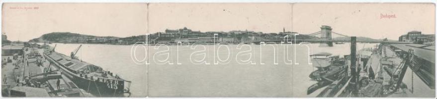 1899 (Vorläufer) Budapest, 3-részes kihajtható panorámalap, Lánchíd, Királyi vár, rakpart és uszályok (hajtásnál szakadt / torn at fold)