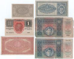 Vegyes 9db-os magyar korona és fillér bankjegy tétel, közte Arad 1913. május 1. "Andrényi Kálmá...