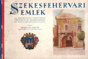 Márton Jakab: Székesfehérvári emlék. Az őskoronázó város rövid történetével, 20 színes képpel és magyarázó szöveggel kiadja Márton Jakab. Székesfehérvár, [1930]. Szerző (Hornyánszky Viktor Rt.) 16 t. (színes). Egyetlen kiadás. A Lotz Károlynál és Münchenben tanult Márton Jakab (1870-1945) festő, grafikus, székesfehérvári főreáliskolai rajztanár által írt és rajzolt album 15 színes táblán mutatja be Székesfehérvár belvárosának látványosságait. A színes akvarellek többségén feltűnnek a modern városi élet jelenetei, szereplői és találmányai: hirdetőoszlopok, automobilok, oldalkocsis motorok és kerékpárok, ló vontatta fogatok, bámészkodók, járókelők, apácák és temetőbe siető párok, utcaseprők és rendőrök, haza igyekvő cselédek. Az egyes akvarellek: Városház-kapu A Zichy-ház kapuja Püspöki palota és Püspök-kút Megyeház utca Megyeház Szent István utca A Szent István-templom belseje Károly király tér Ferenc József tér Szent Anna-kápolna A Szentháromság-temető kápolnája Szögyény Marich utca Szent Imre utca Kossuth utca A Szemináriumi (Szent József)-templom belseje Bazilika tér Magyar Királyi Állami Ybl Miklós Reáliskola és Hősi szobor Bory Jenőtől Hunyadi Mátyás Felsőkereskedelmi Iskola és Hősi szobor Bory Jenőtől Magyar Királyi 2. Honvéd Vegyesdandár-Parancsnokság és Állami Polgári Iskola Szentháromság-szobor és az enyingi Wertheim-ház.  A kiadvány első nyomtatott oldalán a város rövid története, valamennyi színes táblával szemközt képmagyarázat, német, francia, angol és olasz címváltozatokkal. Fűzve, színes, illusztrált, enyhén foltos kiadói borítóban, jó példány.