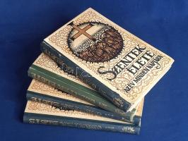 Szentek élete. Az év minden napjára. Szerkesztette Schütz Antal. I-IV. kötet. [Teljes mű négy kötetben.] Budapest, 1932-1933. Szent István-Társulat (Stephaneum Nyomda és Könyvkiadó Rt.) 327 + [1] p.; 367 + [1] p.; 419 + [1] p.; 440 p. A Szentek élete négy kötete az év napjai rendjében sorolják elő a katolikus hit boldogait és szentjeit, vértanúit és hitvallóit, püspök szentjeit és egyházdoktor szentjeit, szent szüzeit és özvegy szentjeit. Magyar használatra kidolgozott biográfia-gyűjteményünk értelemszerűen felvonultatja a magyar szenteket is, Szent Istvántól a kassai vértanúkig. Oldalszámozáson belül számos egész oldalas és szövegközti illusztrációval. A harmadik kötet első hat levele a kötet végére kötve, címlapja a gerincnél megerősítve. Egységes, aranyozott gerincű, színes, illusztrált kiadói félvászon kötésben. A negyedik kötet gerincén felül kisebb sérülés. Jó példány.