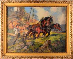Ócsvár Rezső (1877-1968): Szántó lovak. Olaj, vászon. Jelzett. Dekoratív fakeretben. 44,5x58 cm