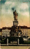 1917 Arad, Vértanú szobor, Schwarz Testvérek, Weigl, Kovács, Bogsán és Iványi üzlete. Vasúti levelezőlapárusítás 24. sz. 1916. / monument, shops (felületi sérülés / surface damage)