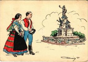 Arad, Vértanú szobor, a vidék népviselete. Kiadja a Délvidéki Egyetemi és Főiskolai Hallgatók Egyesülete / Martyrs' statue, monument, traditional costumes, irredenta art postcard s: Tusnády (EB)
