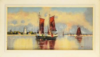 Comenius jelzéssel: Vitorlások. Olaj, vászon. Dekoratív, kissé kopott fakeretben. 40x80 cm