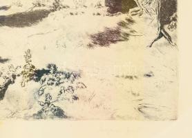 Tarjáni Simkovits Jenő (1895-1995): Faluvége. Rézkarc, papír, jelzett. Lapszéli kisebb foltokkal. 29...