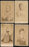cca 1865-1875 Női portrék, a hátoldalon mind nevesítve (köztük a Moravetz család két tagja), 4 db vizitkártya, pesti/budapesti műtermekből (Bülch Ágoston, Gévay Béla, Ellinger Ede), változó állapotban, 10,5x6 cm körül