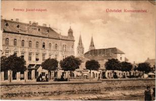 Komárom, Komárno; Ferenc József rakpart, üzletek, piac. Spitzer Sándor kiadása / quay, shops, market (EK)