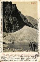 1903 Tátra, Magas-Tátra, Vysoké Tatry; Felkai-völgy, Hosszú-tó a Ferenc József csúcs sziklafalai felé. Feitzinger Ede 1902/12. 305. Kr. / Felkaer Thal, Langer See geg. d. Wände der Franz Josef Spitze / lake, mountains (ázott / wet damage)