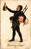 1930 Boldog Újévet! / New Year greeting art postcard with chimney sweeper, champagne and pig (fl)