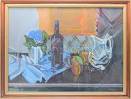 Dobrovits Ferenc (1941-1988): Csendélet, 1972. Olaj, farost, jelezve jobbra lent. Hátoldalán autográf felirattal és Képcsarnok Vállalat címkéjével. Dekoratív, üvegezett fakeretben. 606x80 cm