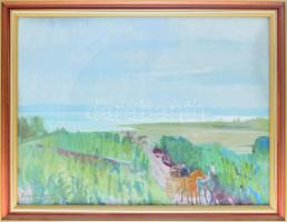 Zirkelbach László (1916-2014): Lovasszekér a tájban, 1972. Olaj, vászon, jelezve balra lent. Hátoldalán Képcsarnok Vállalat címkéivel. Dekoratív, üvegezett fakeretben. 60x80 cm