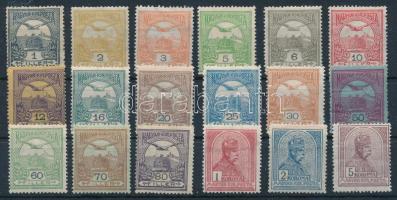 1913 Turul sor 18 értéke álló vízjellel (50f, 5K törés / folded, 5f, 6f, 70f és 80f postatiszta / MNH)