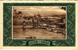 Budapest, látkép a Széchenyi Lánchíddal. R.J.E. 1038/14. Szent István jubileumi emlékév 1038-1938
