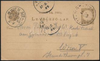 1895 PS-card with "ZIMONY - BUDAPEST" railway postcard, 1895 Díjjegyes levelezőlap "ZIMONY - BUDAPEST" vasúti bélyegzéssel