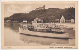 1948 Tihany, kikötő az apátsági templommal, motorcsónak (ázott / wet damage)