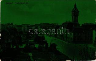 1913 Szeged, Széchenyi tér, üzletek, zöld fóliás képeslap (kopott élek / worn edges)