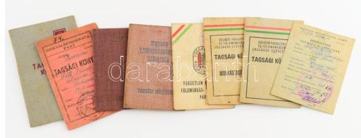Vegyes okmány tétel, össz. 8 db: MKP ideiglenes tagsági igazolvány, Dolgozó Parasztok és Földmunkások Országos Szövetsége tagsági könyvek, FKgP tagsági igazolvány, Magyar Szabadságharcos Szövetség tagsági igazolvány, stb.