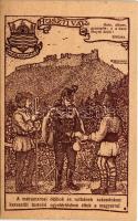Huszti vár. A máramarosi oláhok és ruthének századokon keresztül testvéri egyetértésben éltek a magyarral. Tervezte Szentgály Faur Aurél. Rajzolta Kovács Erzsébet. Besskó K. / Castle in Khust (Maramures). Hungarian irredenta propaganda, Treaty of Trianon