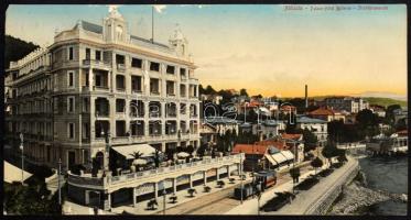Abbazia, Opatija; Palace Hotel Bellevue, Strandpromenade / szálloda és sétány, villamos. Stengel &amp; Co. 39685. Három részes hajtatlan panorámalap / hotel and promenade, tram. 3-tiled unfolded panoramacard (felületi sérülés / surface damage)