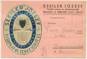 1941 Budapest VI. Szeiler József naptár és karácsonyfadíszgyára, vésnöki intézet és dombornyomda dombornyomott reklámlapja. Teréz körút 23. / Hungarian calendar factory, engraving institute, embossing press and Christmas tree decoration factory advertisement card (EB)