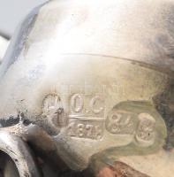 Ezüst (Ag) gyermek figurális és filigrán díszítésű besamin tartó. 1878, orosz, jelzett, tetején kő d...