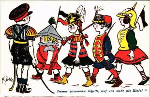 Immer strammen Schritt, auf uns sieht die Welt! WWI Anti-Entente Powers mocking art postcard s: H. Zille (ragasztónyomok / glue marks)