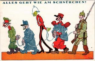Alles geht wie am Schnürchen! Baron Verlag No. 42. / WWI Anti-Entente Powers mocking art postcard s: Trier (ragasztónyomok / glue marks)
