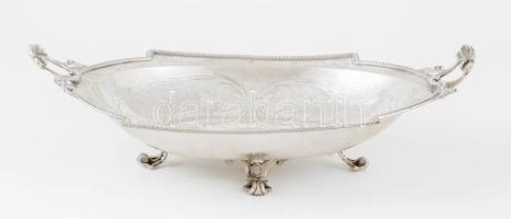 Ezüst (Ag) kínáló, tagolt pontsoros peremrésszel, vésett leveles mintával, 4 lábon, jelzett, 29x18,5...