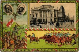 1915 Budapest VIII. Népszínház. Magyar zászlós hazafias keret II. Vilmos császárral, Ferenc Józseffel és K.u.K. katonákkal, csatajelenettel, Viribus Unitis propaganda. Magyar Fénynyomdai Rt. 217. Art Nouveau litho
