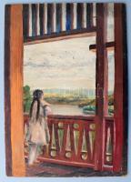Nolipa István Pál (1907-1986): Lány az erkélyen, 1954. Olaj, karton. Jelzett. 35x24,5 cm.