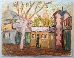 Nolipa István Pál (1907-1986), kétoldalas mű: Kilátás a Kálváriahegyről és utcarészlet alakkal, 1939-1941. Olaj, karton. Mindkét oldalán jelzett. 27x35 cm.