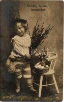 1907 Boldog Húsvéti Ünnepeket! / Easter greeting postcard with child, rabbits and eggs. photo (EK)