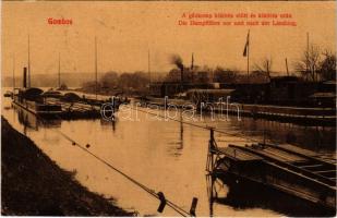 1909 Gombos, Bogojeva, Bogojevo; Gőzkomp Gombos és Erdőd között, kikötés előtt és után, gőzmozdony. Tippl Józsefné kiadása 213. (W.L. ?) / steam ferry with locomotive between Bogojevo and Erdut, train transporting ferry (EK)