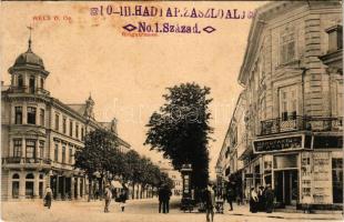 Wels, Ringstrasse / street view, shops + "10-III. HADTAP.ZASZLOALJ No. 1. Század" (fl)