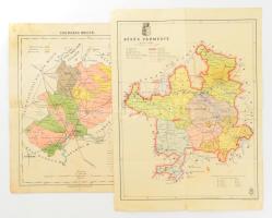 cca 1900-1910 Csongrád megye térképe, 1 : 500.000, Szeged, Traub B. és Társa kiadása, kisebb sérülésekkel, kissé foltos, ragasztott, 29,5x22,5 cm + 1941 Békés vármegye térképe, 1 : 420.000, M. Kir. Honv. Térképészeti Intézet, kis lapszéli sérüléssel, kis foltokkal, 35x25 cm