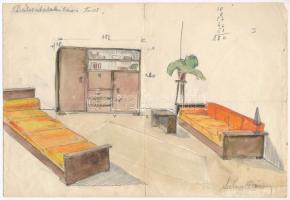 Lechner (Ödön?) jelzéssel: Bútorátalakítási terv (enteriőr). Ceruza, akvarell, papír. Hajtás mentén lapszéli szakadásokkal. 19x27,5 cm.