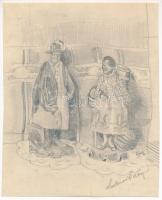 Lechner Ödön jelzéssel: Figurák. Ceruza, papír. Hajtás mentén lapszéli szakadásokkal. 23,5x19 cm.