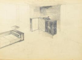 Jelzés nélkül, feltehetően 1930-40 körül: 3 db enteriőrterv bútorokkal és lakberendezési tárgyakkal. Ceruza, akvarell, papír. 23x30 és 24,5x33,5 cm közötti méretben.