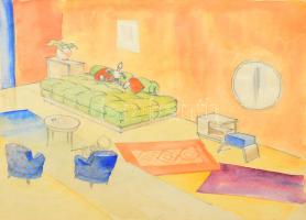 Jelzés nélkül, feltehetően 1930-40 körül: 3 db enteriőrterv bútorokkal és lakberendezési tárgyakkal....