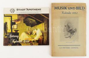 1952 Musik und Bild Kalender, német nyelvű asztali naptár, kissé sérült, ragasztott, 23,5x15 cm + 2006 Spitzweg-Kalender, színes képekkel illusztrált naptár, 16,5x20 cm